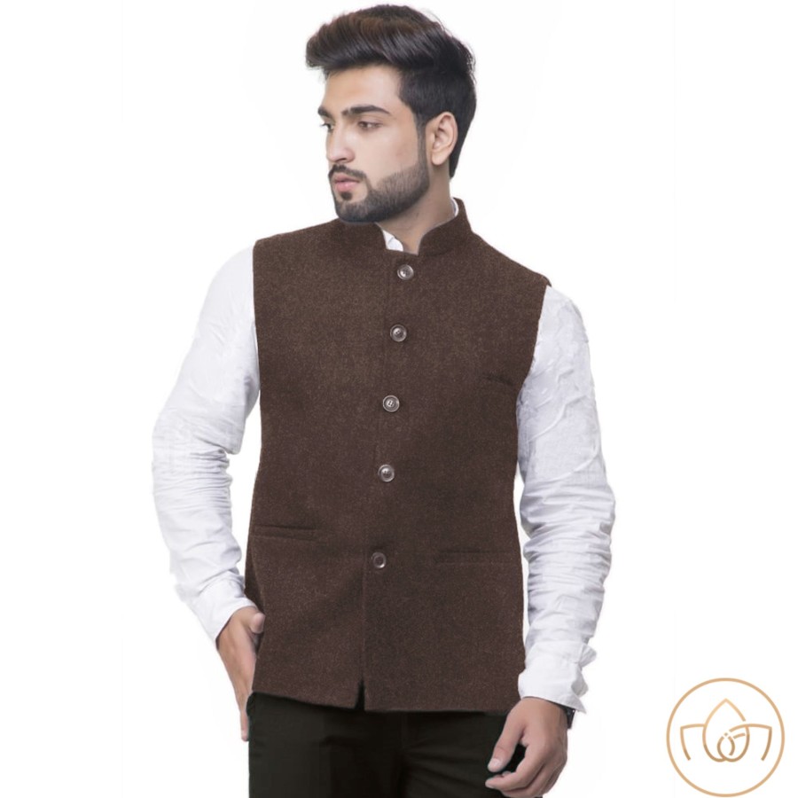 Men IndiFeels | Best Quality Warm Wool Thick Nehru Jacket - Brown