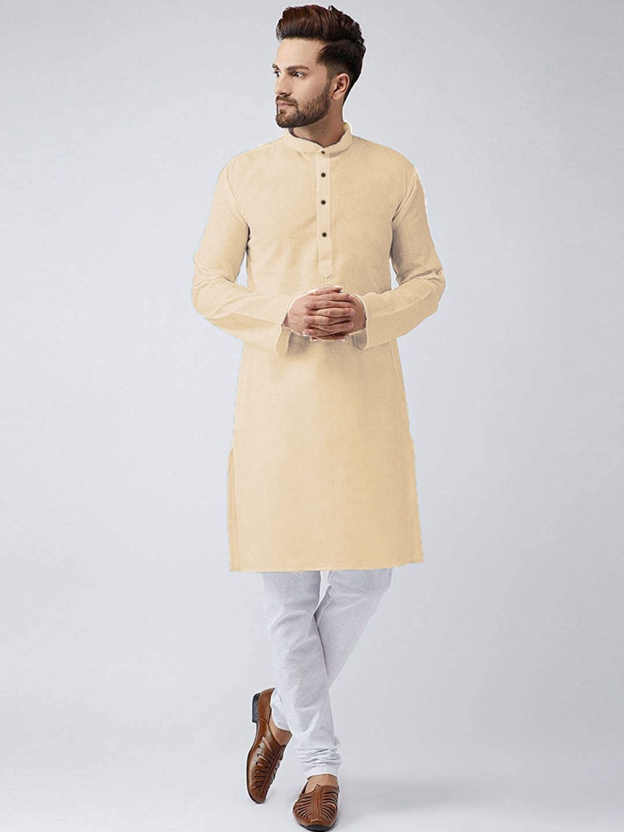 Men IndiFeels | Plain Cotton Kurta Pajama - Cream White