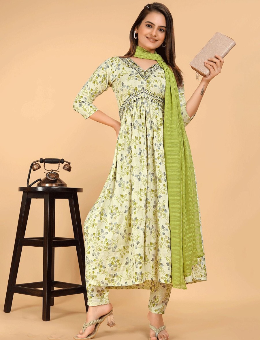 Women IndiFeels Kurti & Pants | Lime Green Alia Cut Kurti Set