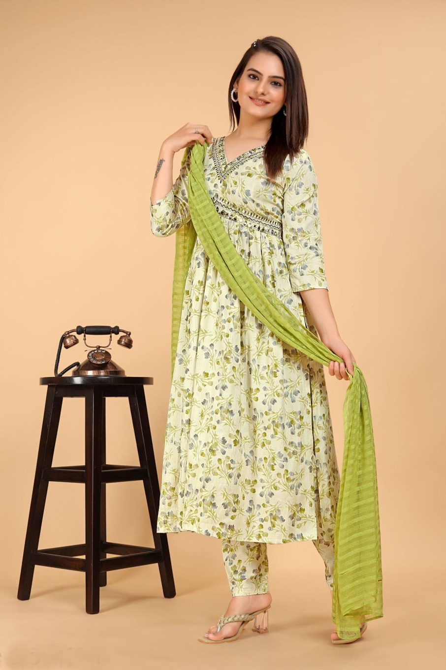 Women IndiFeels Kurti & Pants | Lime Green Alia Cut Kurti Set