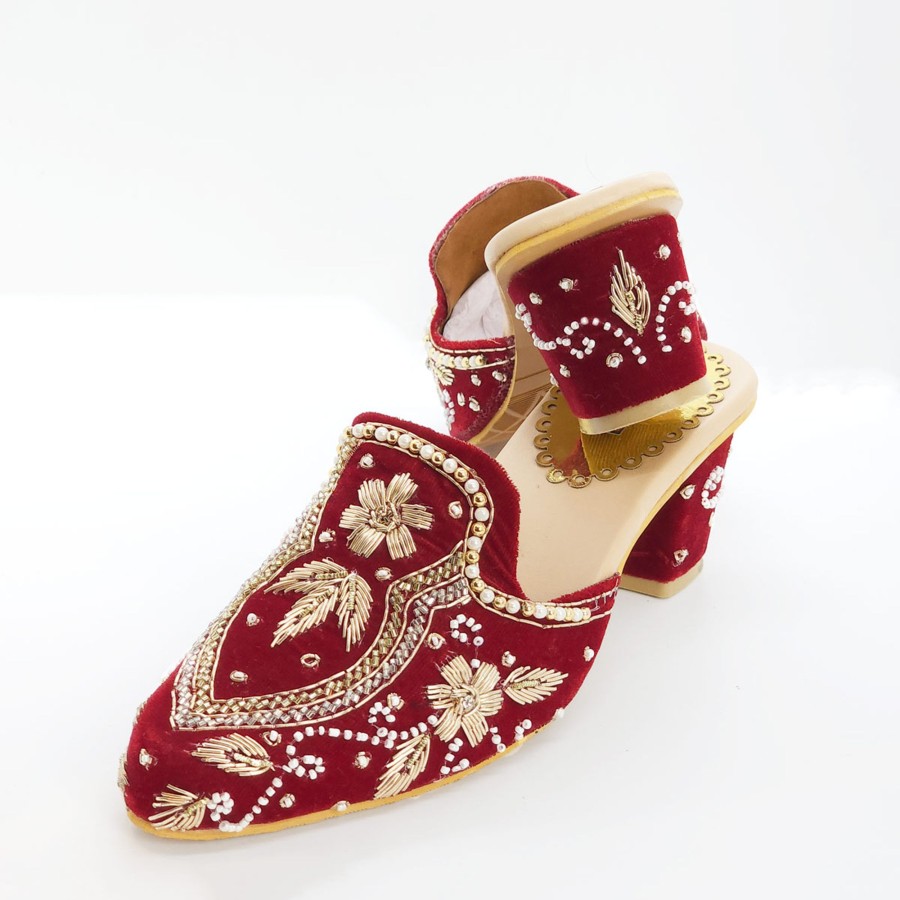 Women IndiFeels | Maroon Velvet Embroidered Heels