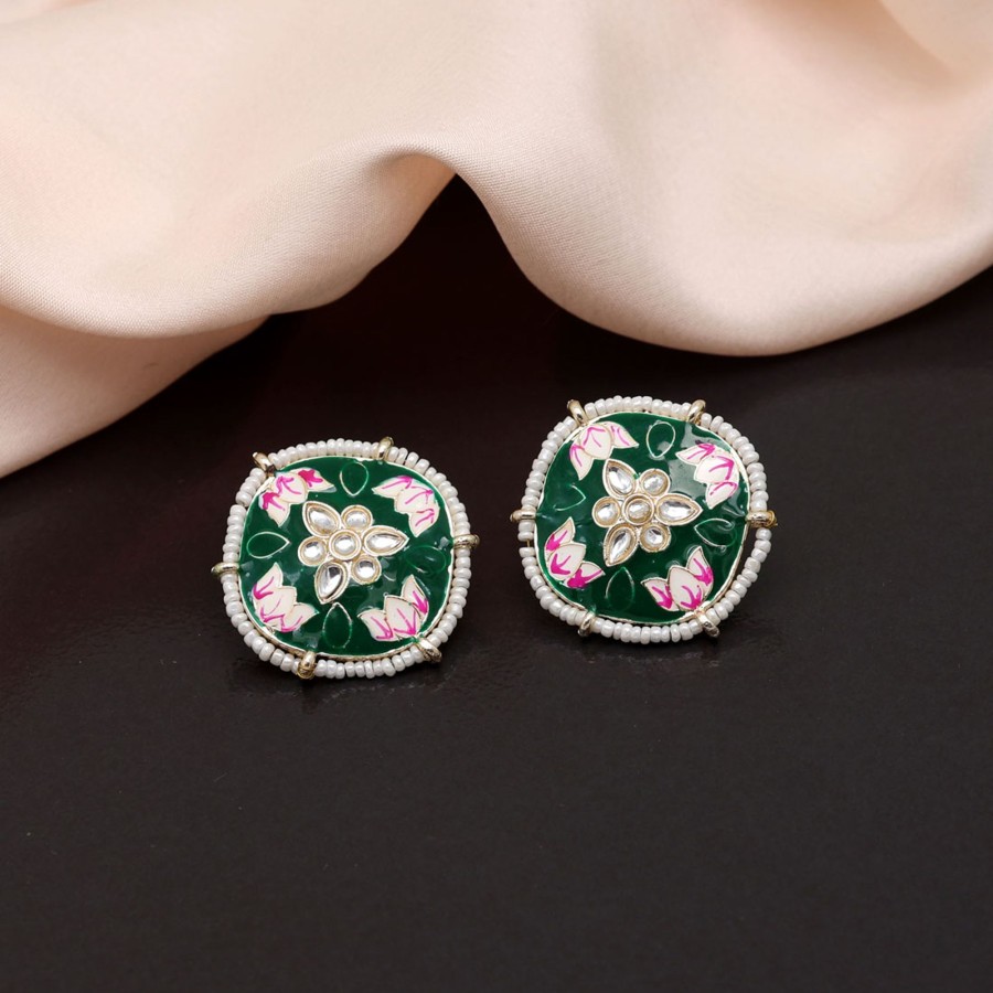 Women IndiFeels Earrings | Green Minakari Stud Earrings