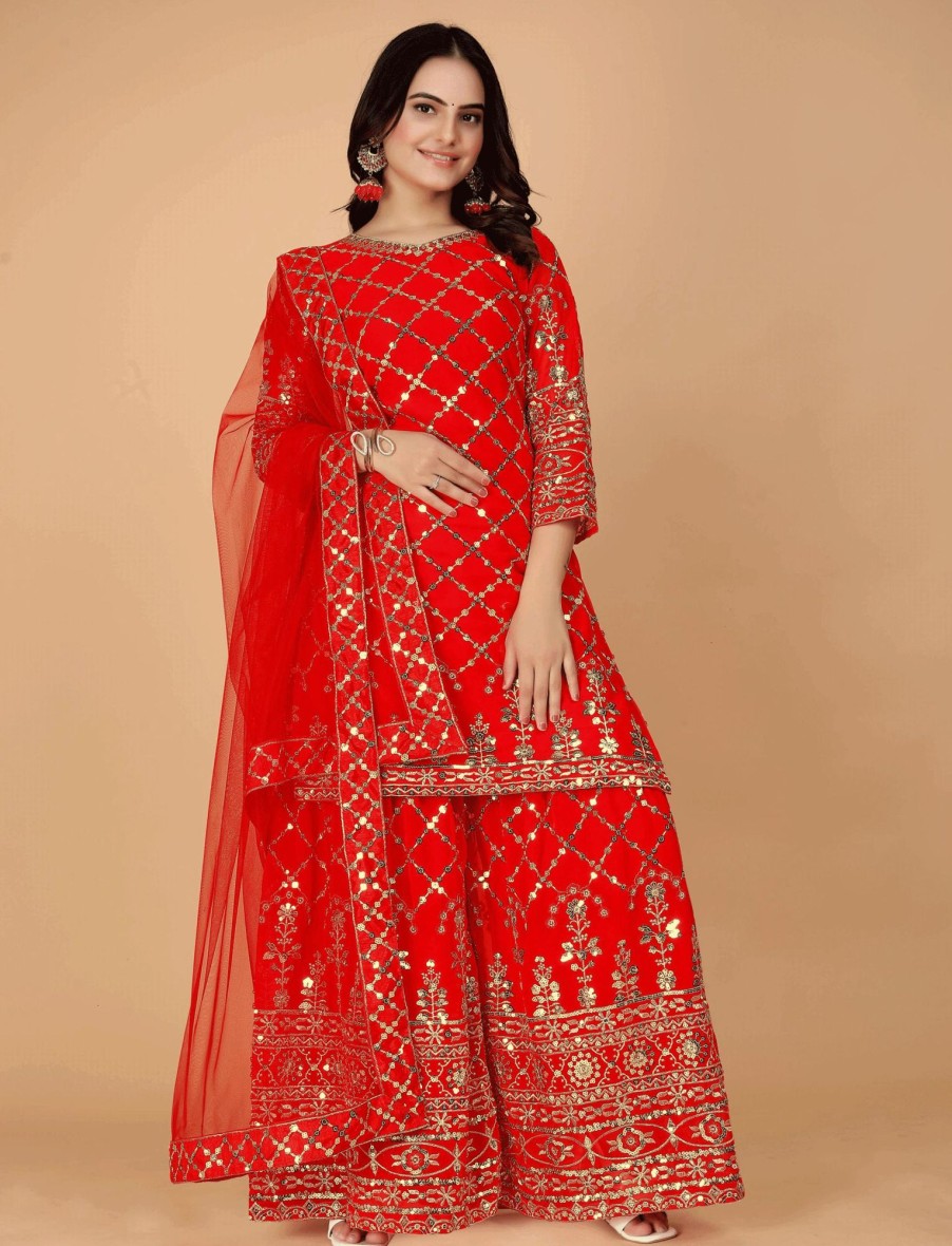 Women IndiFeels Suits | Red Women Punjabi Sharara Suit