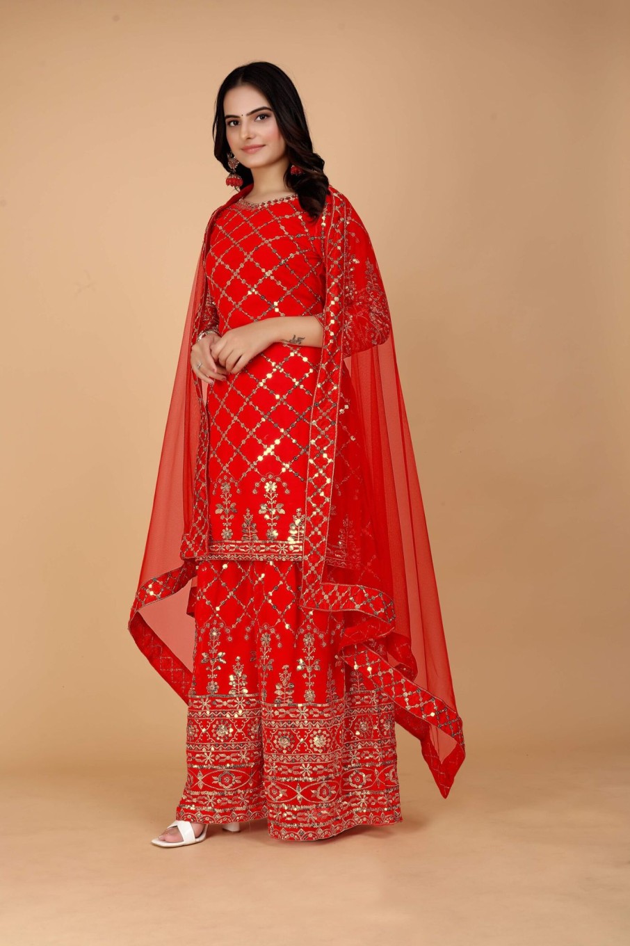 Women IndiFeels Suits | Red Women Punjabi Sharara Suit