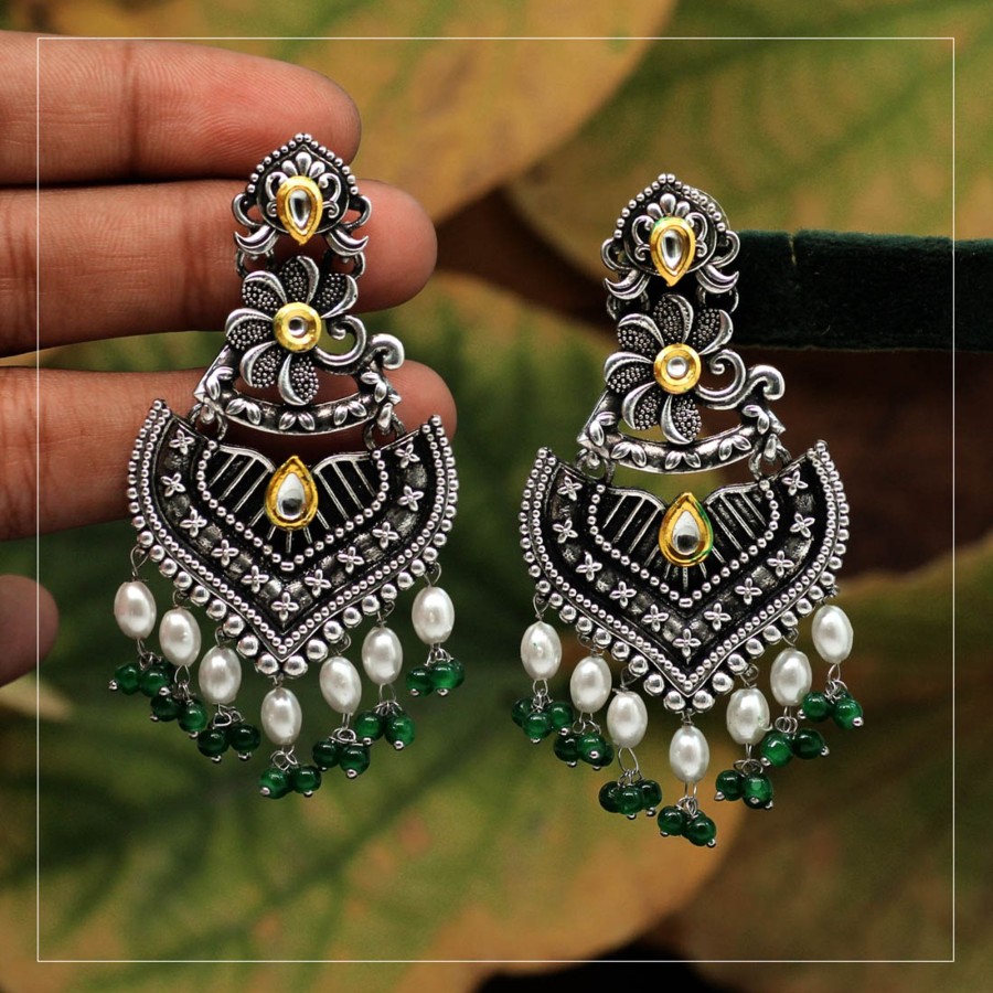 Women IndiFeels Earrings | Oxidized Earrings - Green