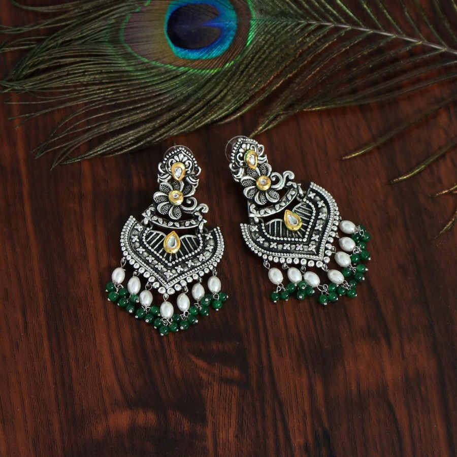 Women IndiFeels Earrings | Oxidized Earrings - Green