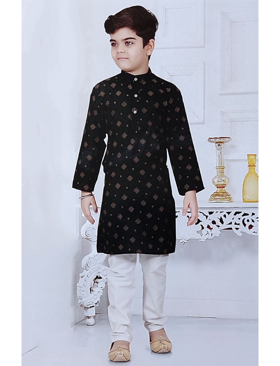 Kids IndiFeels | Black Boys Printed Kurta Pyjama