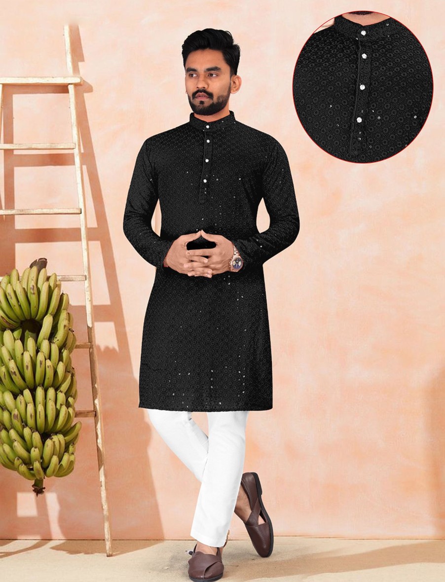 Men IndiFeels | Black Sequins Embriodery Chikankari Kurta Pajama