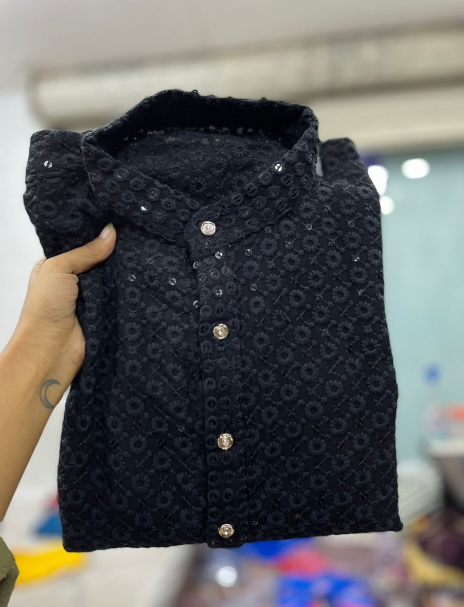 Men IndiFeels | Black Sequins Embriodery Chikankari Kurta Pajama