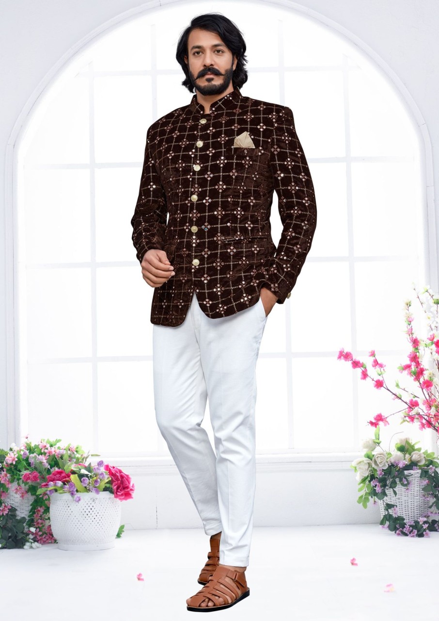 Men IndiFeels | Brown Mirror Work Velvet Jodhpuri (Only Jacket)