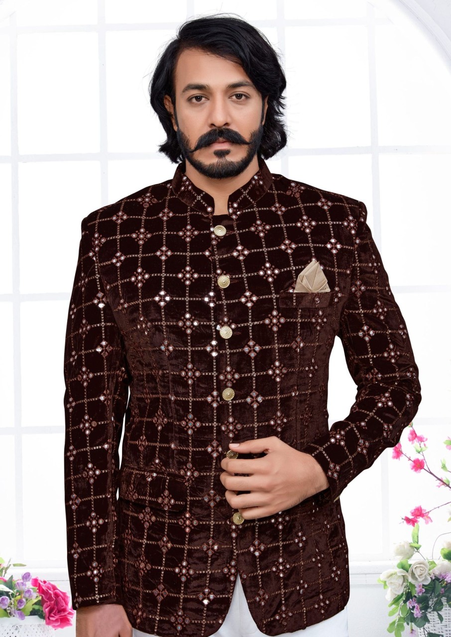 Men IndiFeels | Brown Mirror Work Velvet Jodhpuri (Only Jacket)