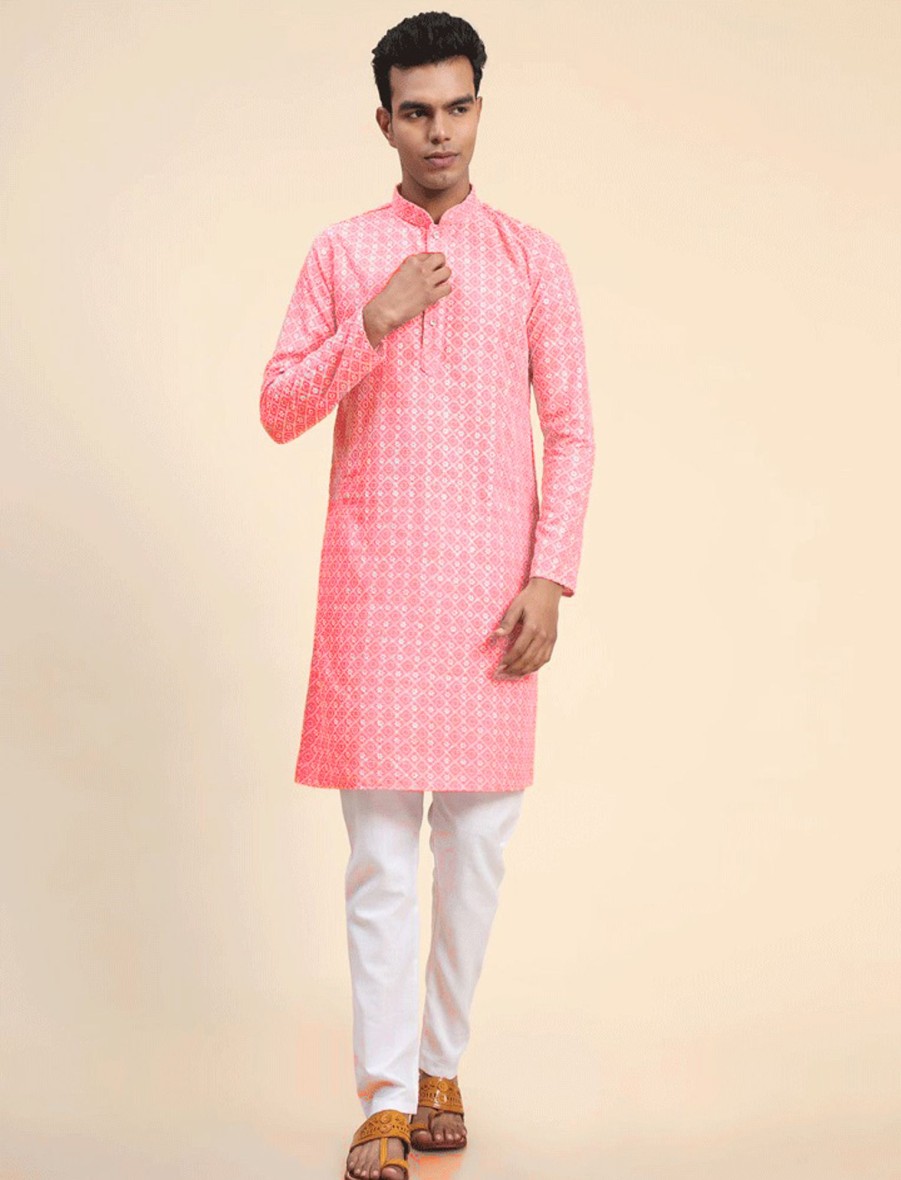 Men IndiFeels | Pink Chikankari Kurta Pajama