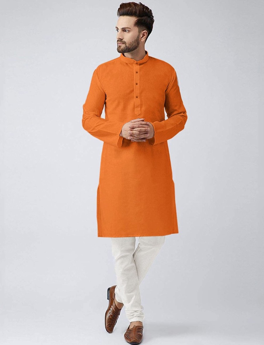 Men IndiFeels | Mens Plain Cotton Kurta Pyjama - Orange