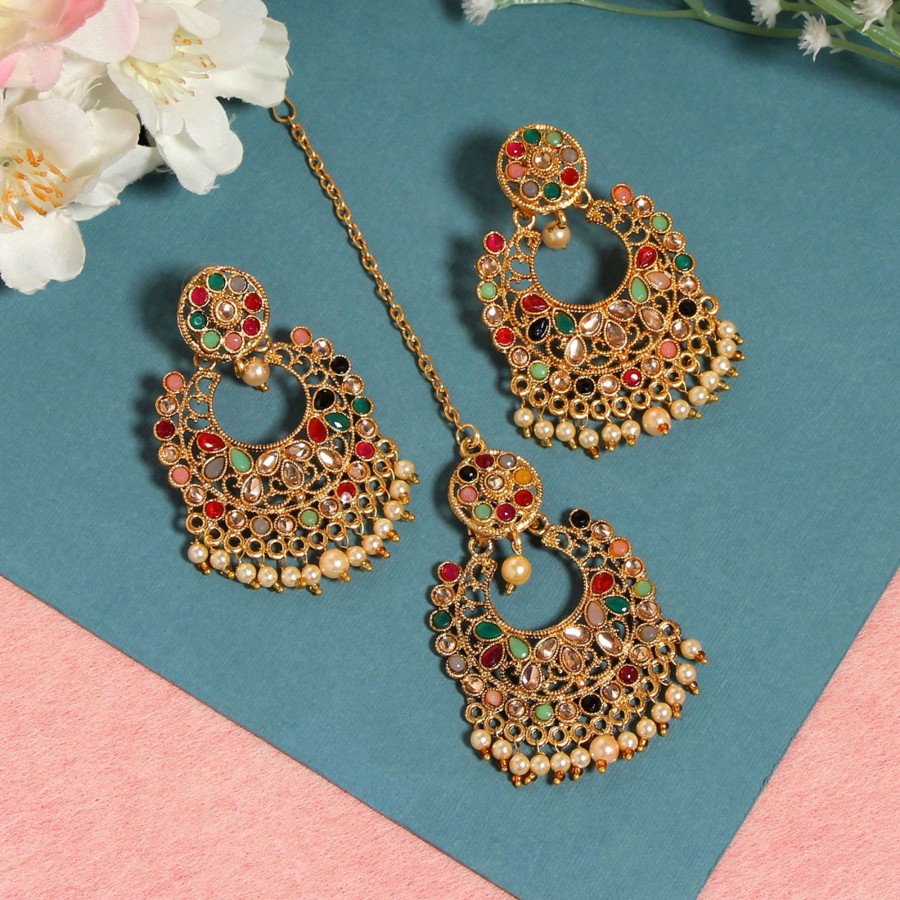 Women IndiFeels Maang Tikka Earrings Set | Multi Colour Golden Earrings With Maang Tikka