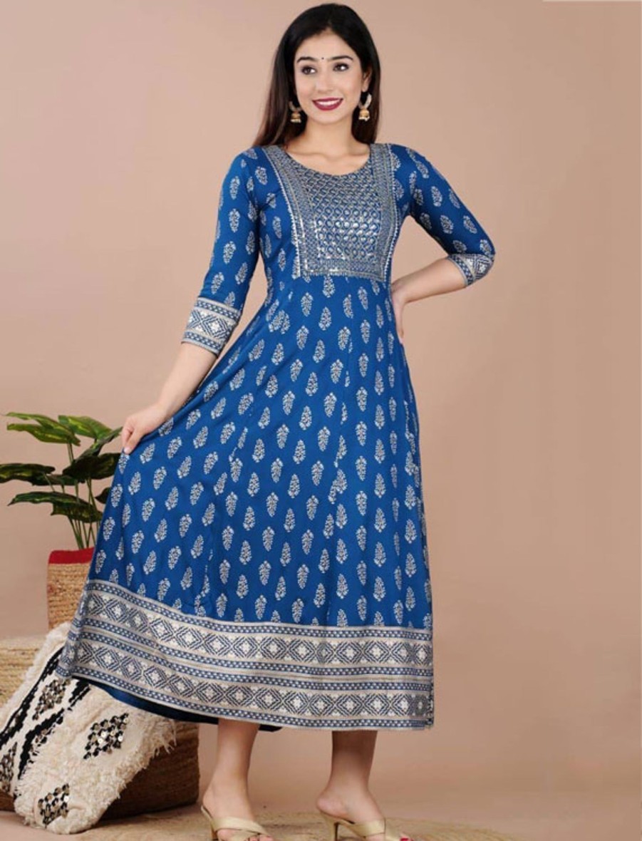 Women IndiFeels Anarkali | Printed Blue Anarkali Kurti