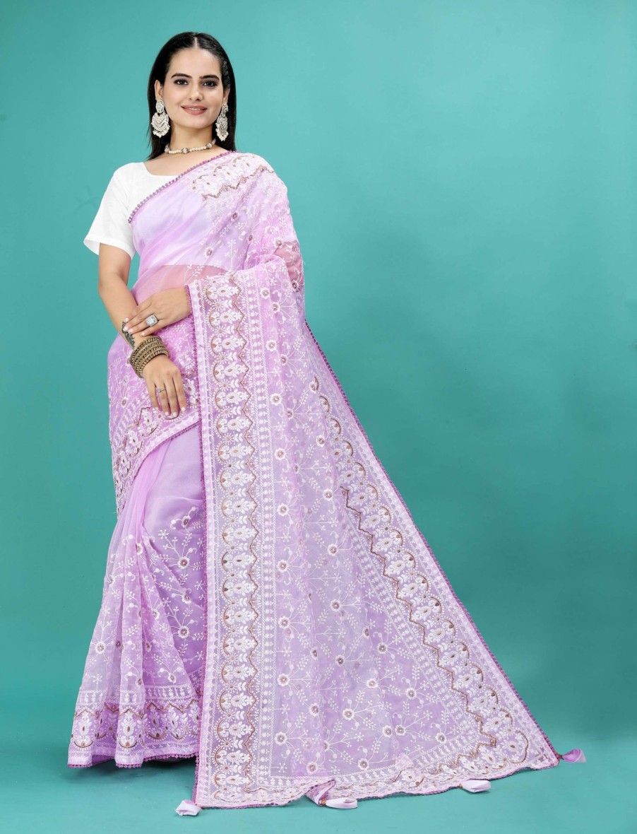 Women IndiFeels Sarees | Purple Soft Organza Saree