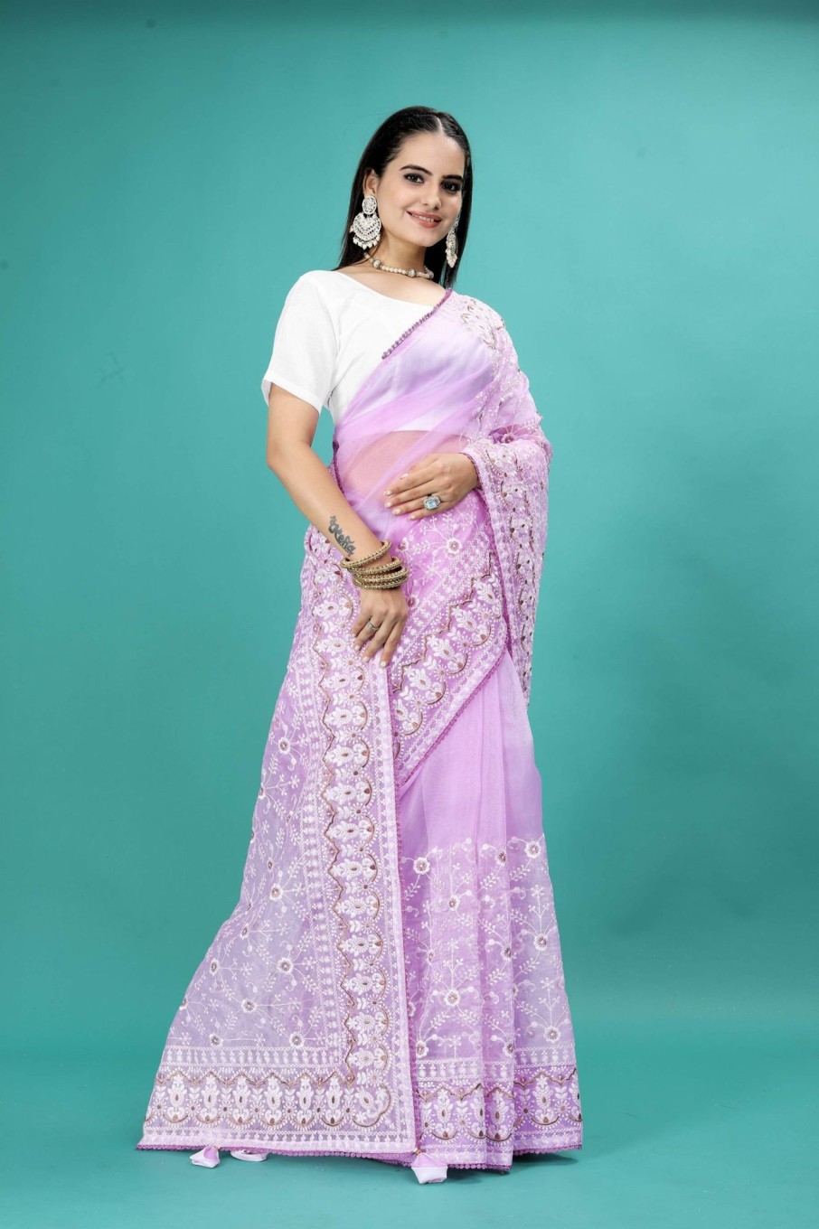 Women IndiFeels Sarees | Purple Soft Organza Saree