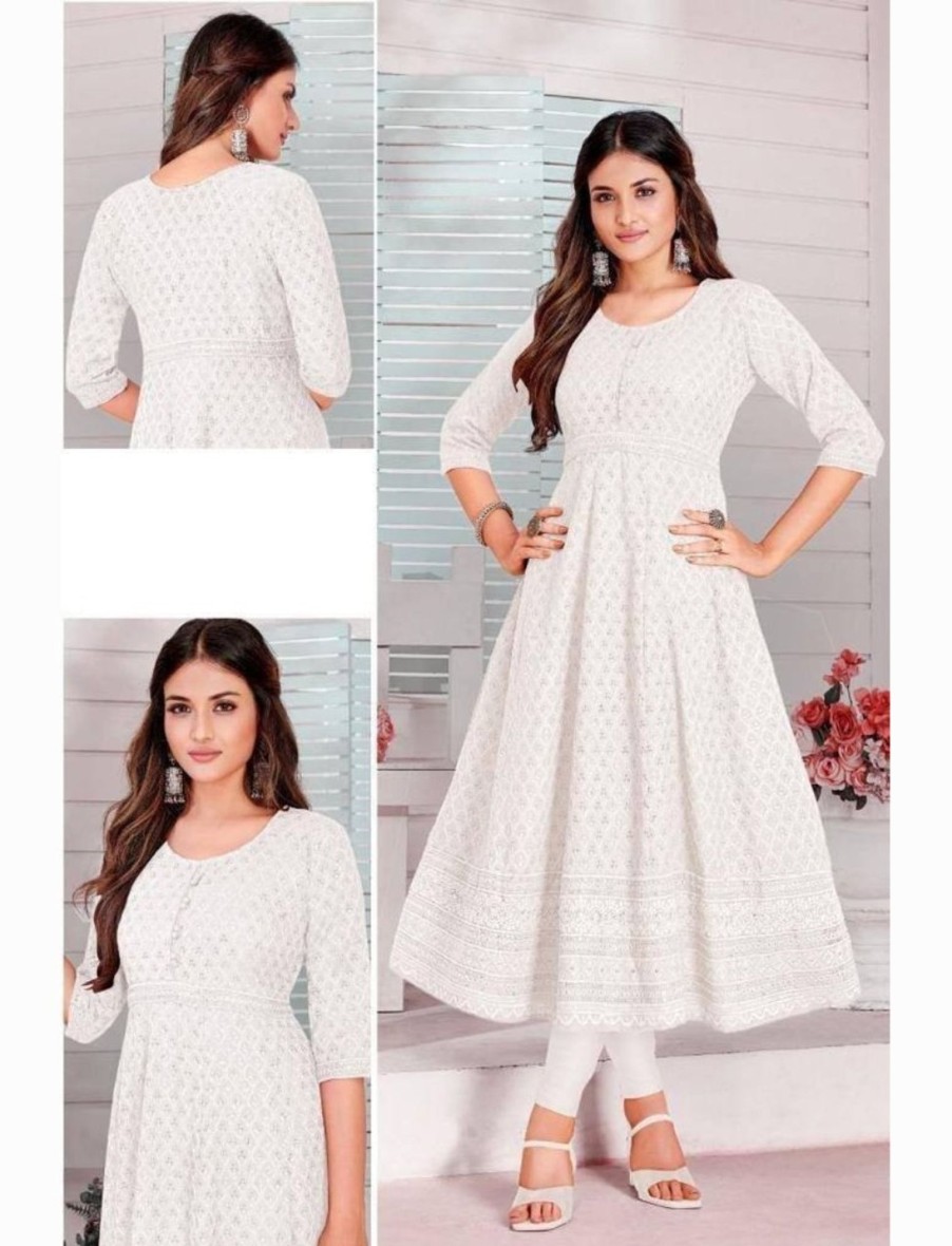 Women IndiFeels Anarkali | Chikankari White Anarkali Kurti