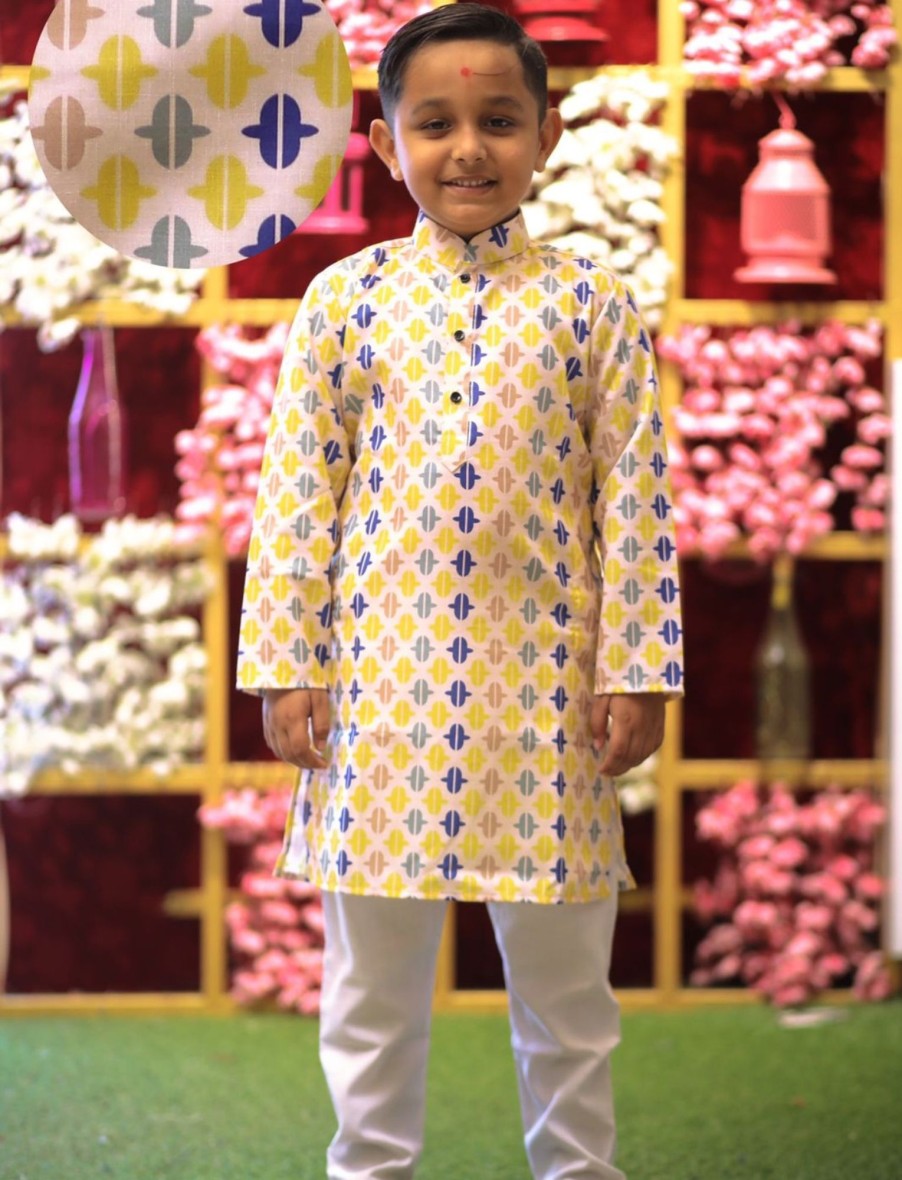 Kids IndiFeels | Kids Printed Kurta Pyjama -Yellow