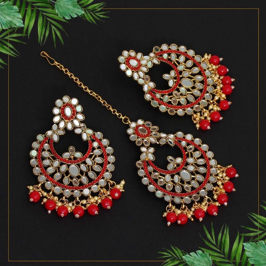 Women IndiFeels Maang Tikka Earrings Set | Mirror Work Mangtikka With Earrings