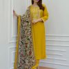 Women IndiFeels Kurti & Pants | Yellow Cotton Salwar Kameez With Floral Dupatta