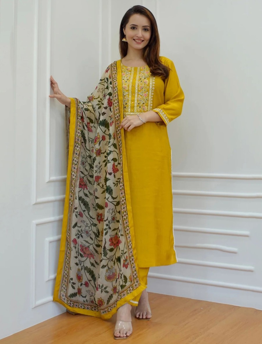 Women IndiFeels Kurti & Pants | Yellow Cotton Salwar Kameez With Floral Dupatta