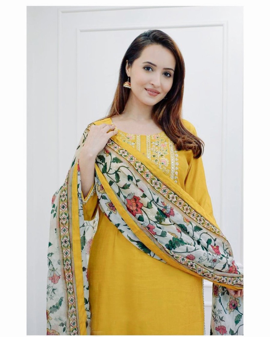 Women IndiFeels Kurti & Pants | Yellow Cotton Salwar Kameez With Floral Dupatta