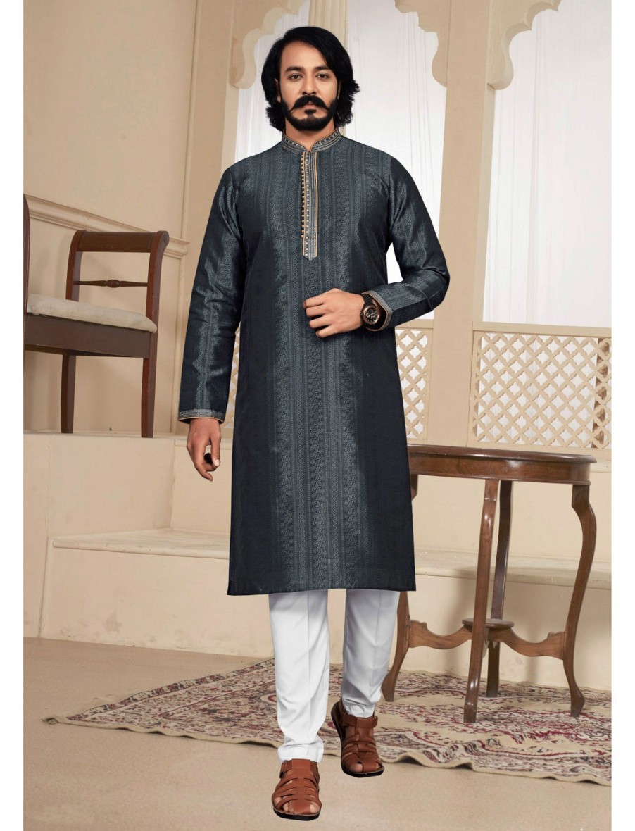 Men IndiFeels | Grey Silk Kurta Pajama