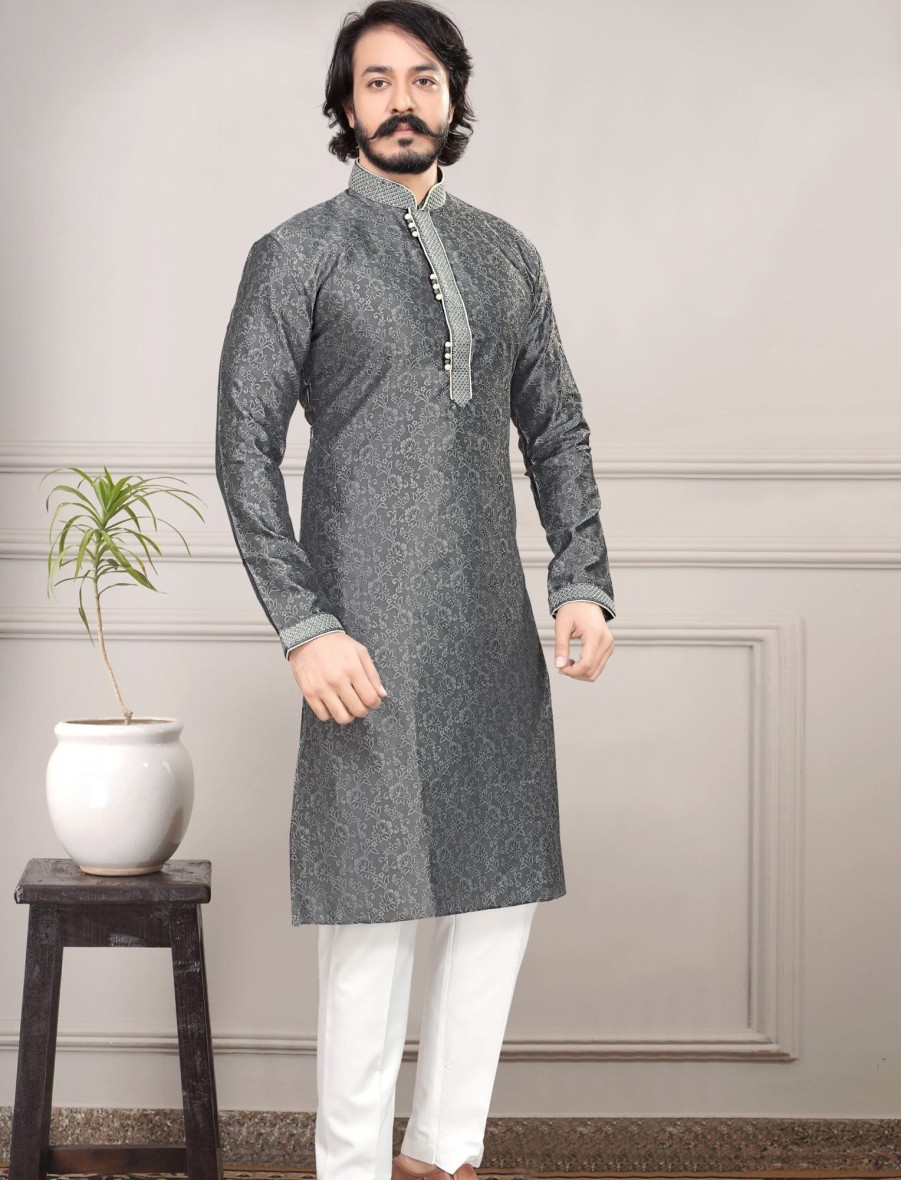 Men IndiFeels | Silk Kurta Pajama - Grey