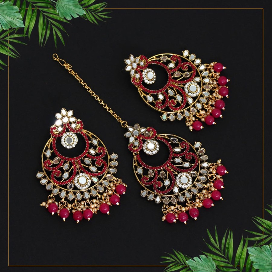 Women IndiFeels Maang Tikka Earrings Set | Kundan Earrings With Maang Tikka Set