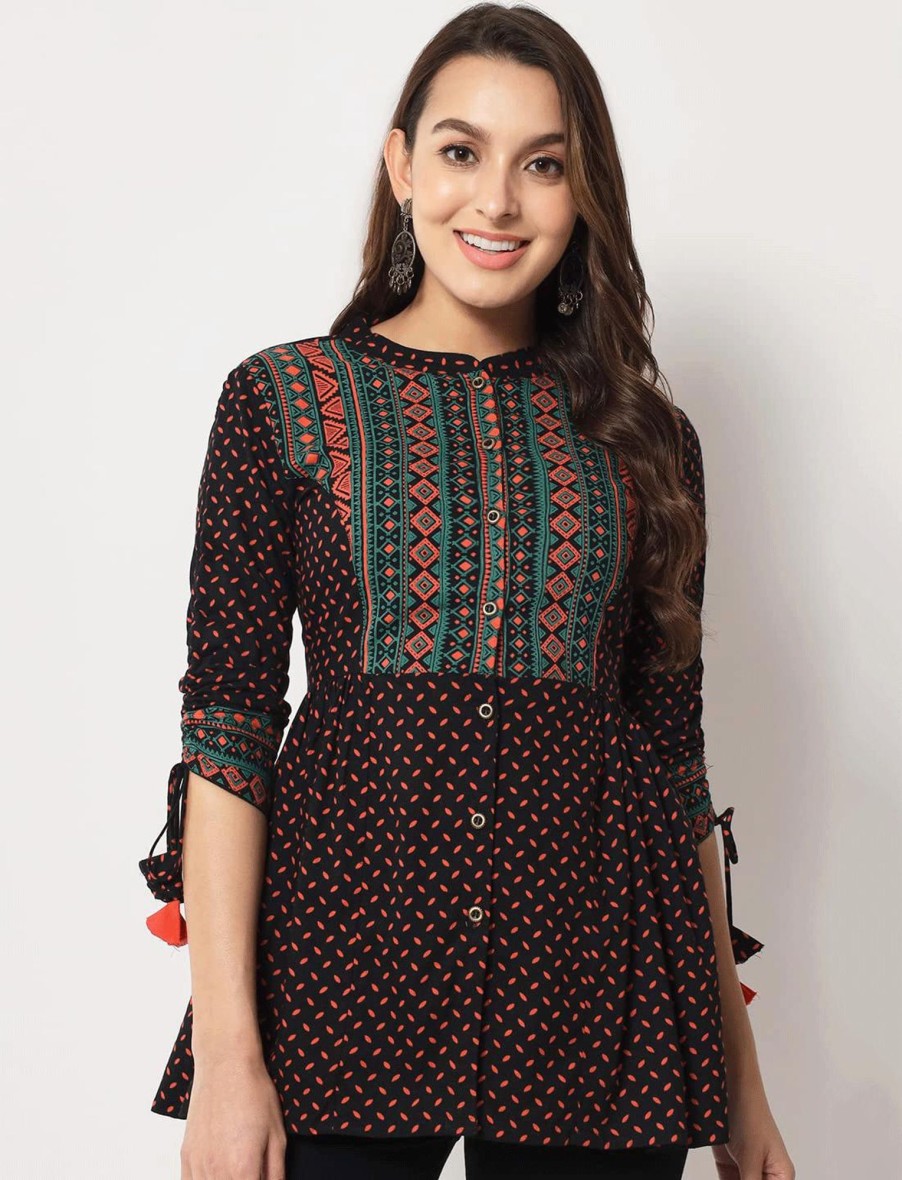 Women IndiFeels Short Top Kurti | Flared Printed Black Short Kurti